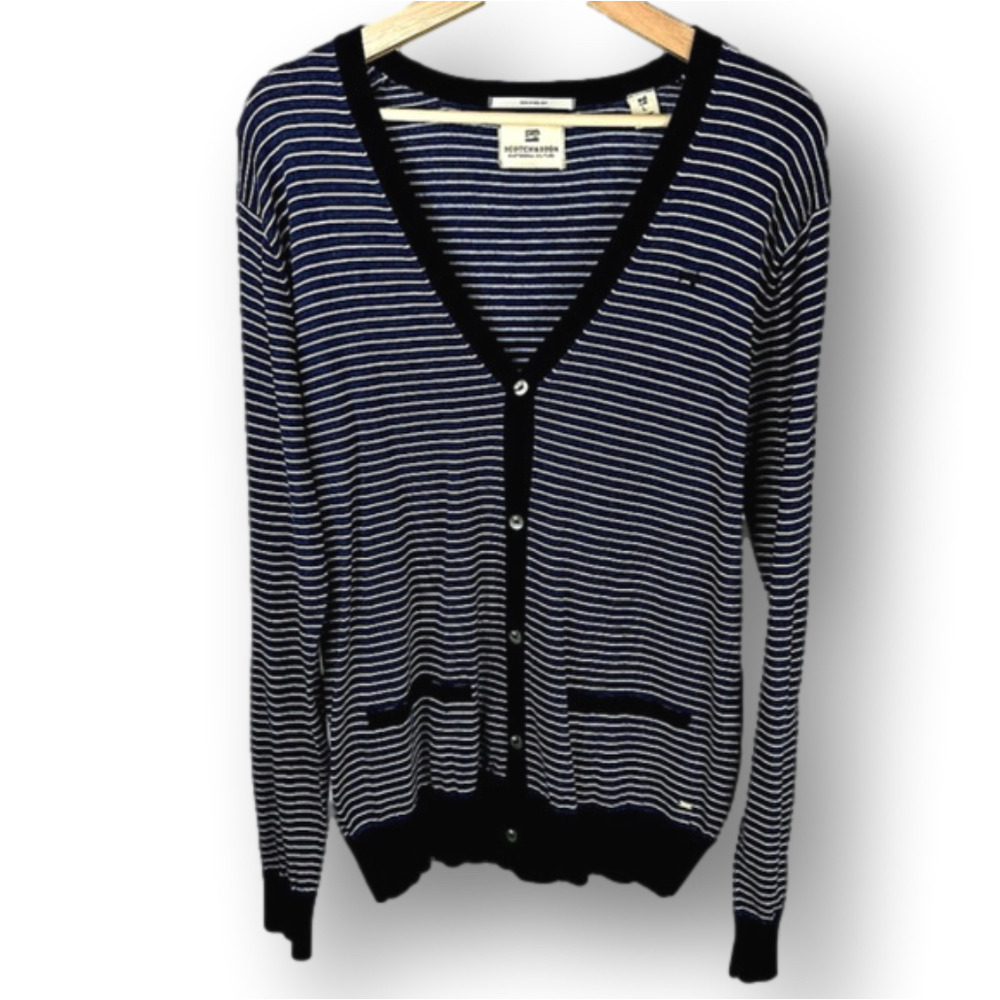 𝅺SCOTCH & Soda Cardigan Button Down Embroidered Long-sleeve Navy Striped Men’s